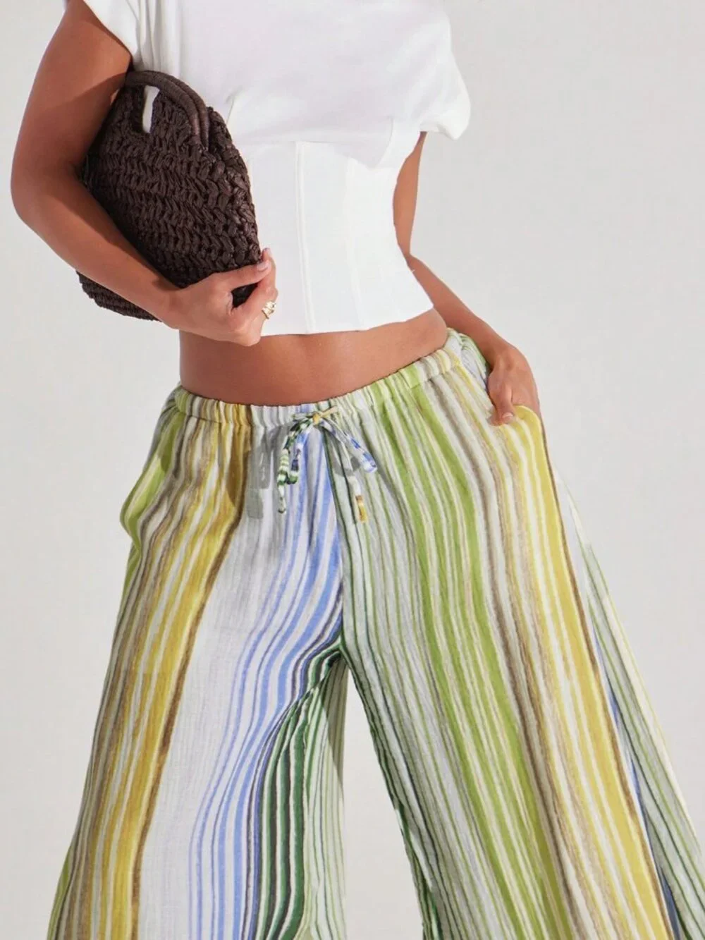 Multicolor Casual Women's Loose Wide Leg Striped Pants
